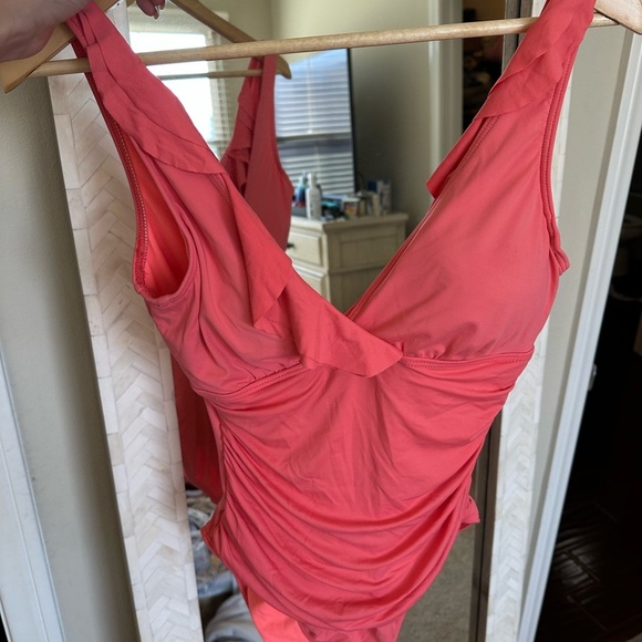 Ralph Lauren Coral Ruched V-Neck One Piece Swimsuit - Picture 6 of 7